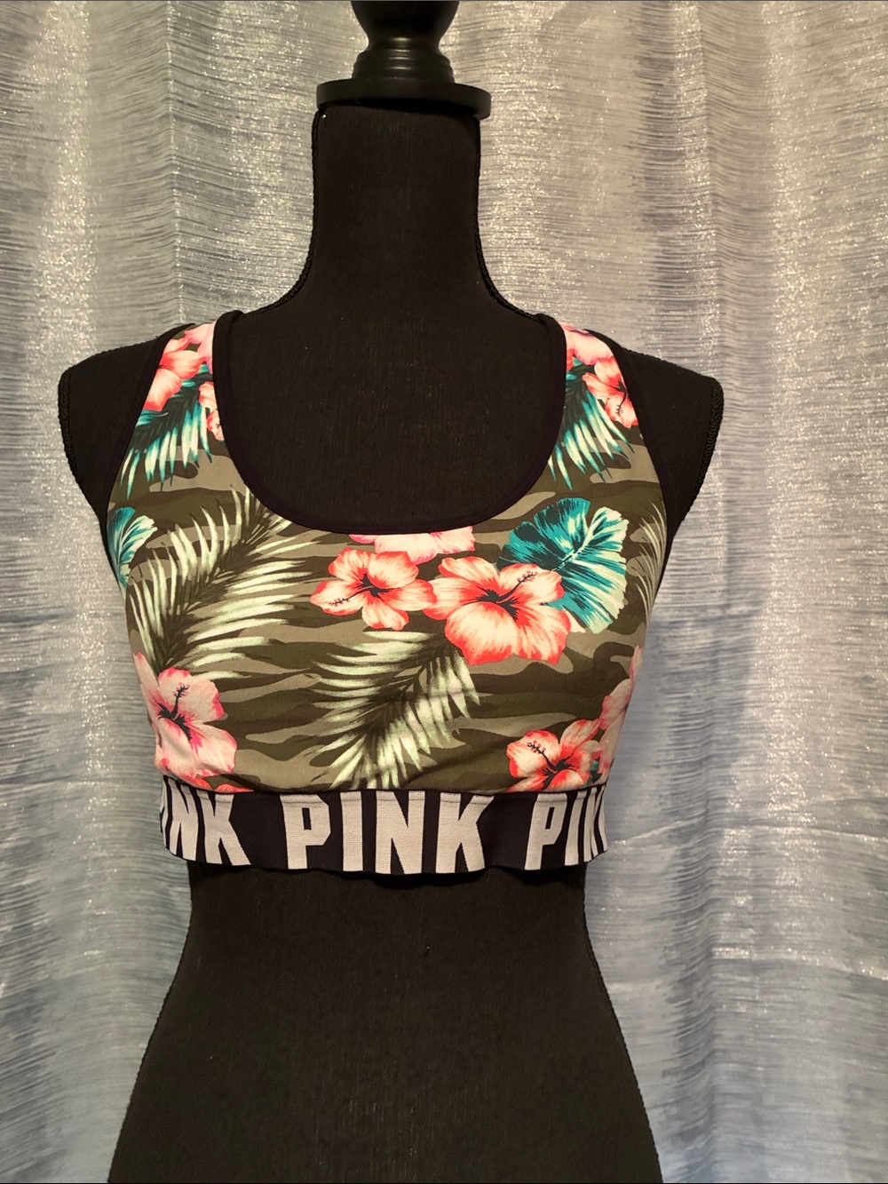 PINK Victoria's Secret Olive Green Floral Sports Bra with Pink & Teal Accents